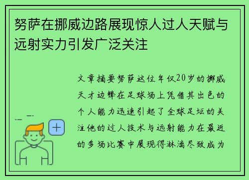 努萨在挪威边路展现惊人过人天赋与远射实力引发广泛关注